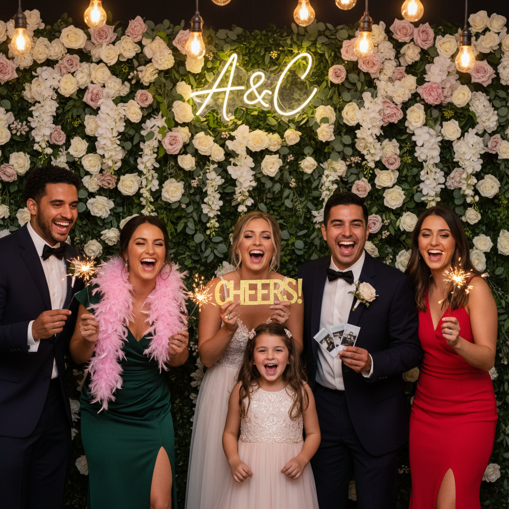 Joyful guests laughing at a wedding reception