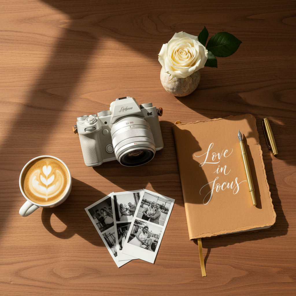 A photographer's workspace — camera, latte, notebook and printed wedding photos