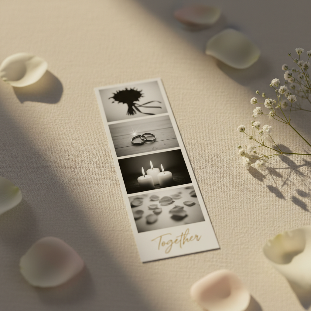 Elegant TogetherBooth photo strip on cream linen with baby's breath and rose petals