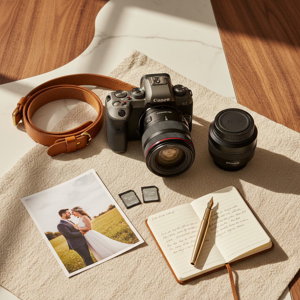 Professional wedding photography gear flat-lay