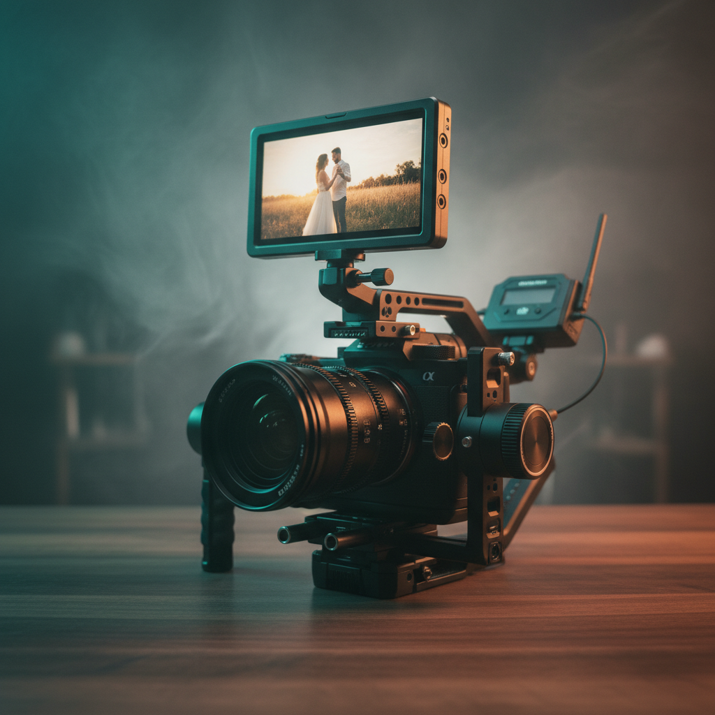 Cinema videography rig — gimbal, cinema camera, monitor