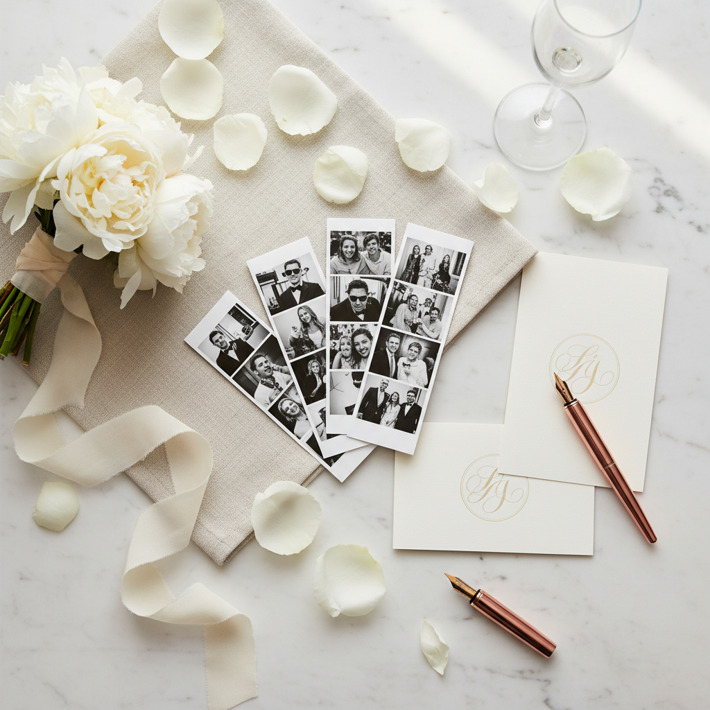 Custom-designed wedding photo strips with florals and stationery