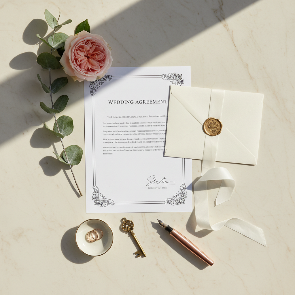 Wedding planning agreement with rose and rose-gold pen