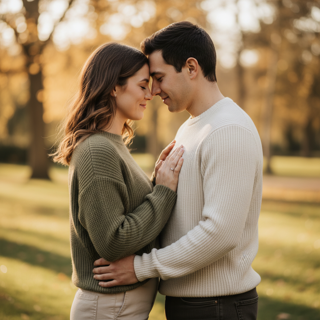 Forehead Touch Eyes Closed - Stand chest to chest, foreheads gently touching. Both close your eyes and smile softly. Her hands rest on his chest, his hands on her waist. Breathe and relax into each other.