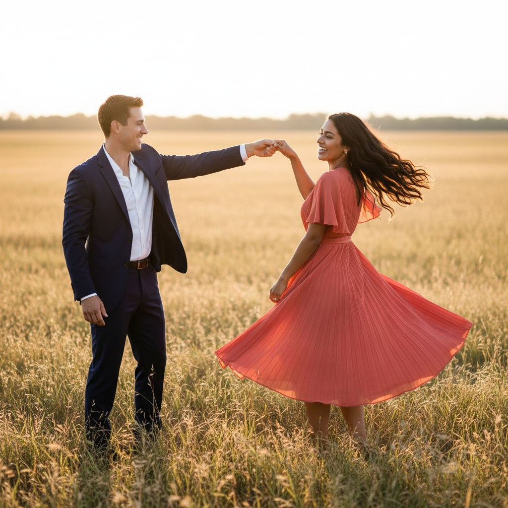 Walking Hand in Hand - Walk naturally toward the camera holding hands. Laugh and look at each other, not the camera. Keep steps relaxed and slightly staggered. Swing arms gently as you walk.