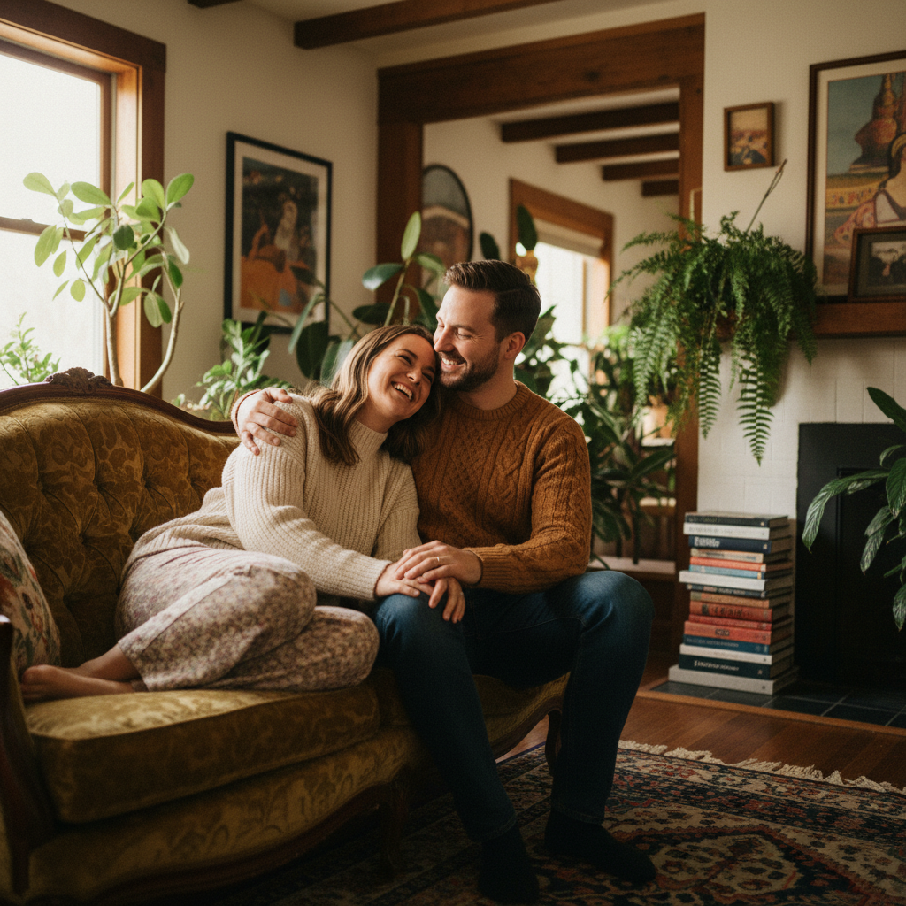 The Whisper - He leans in close and whispers something in her ear. She reacts with a genuine laugh or shy smile, eyes slightly closed. His lips near her ear, one hand on her arm. Capture the reaction moment.
