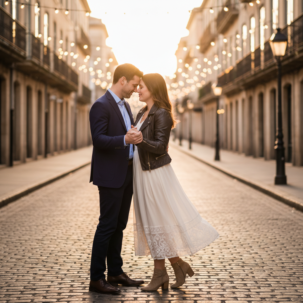 Dancing in the Street - Slow dance together on an empty street or path. His right hand on her lower back, her left hand on his shoulder, other hands clasped together extended out. Sway naturally, foreheads close. No music needed.