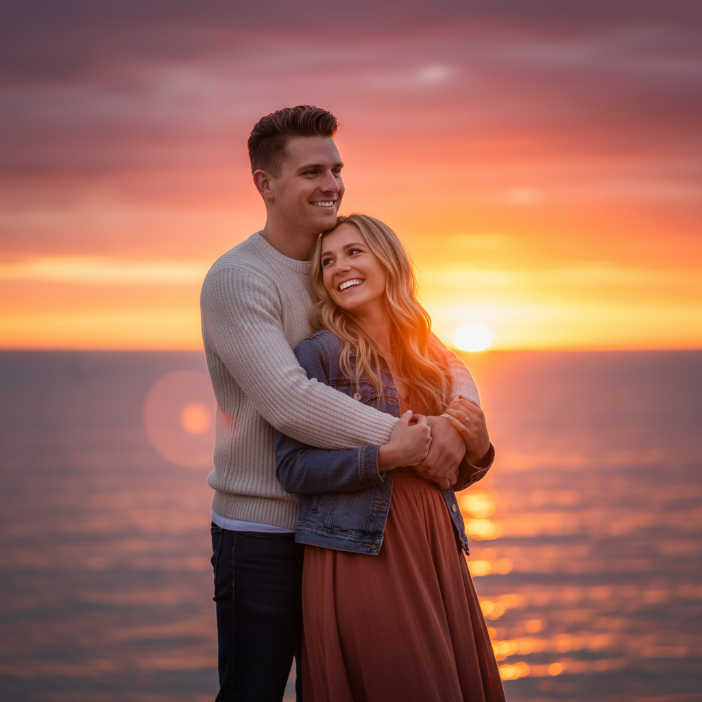 Back Hug at Sunset - He wraps his arms around her from behind, hands clasped at her waist. She holds onto his arms and leans back into him. Both look out toward the horizon. Relaxed and content.