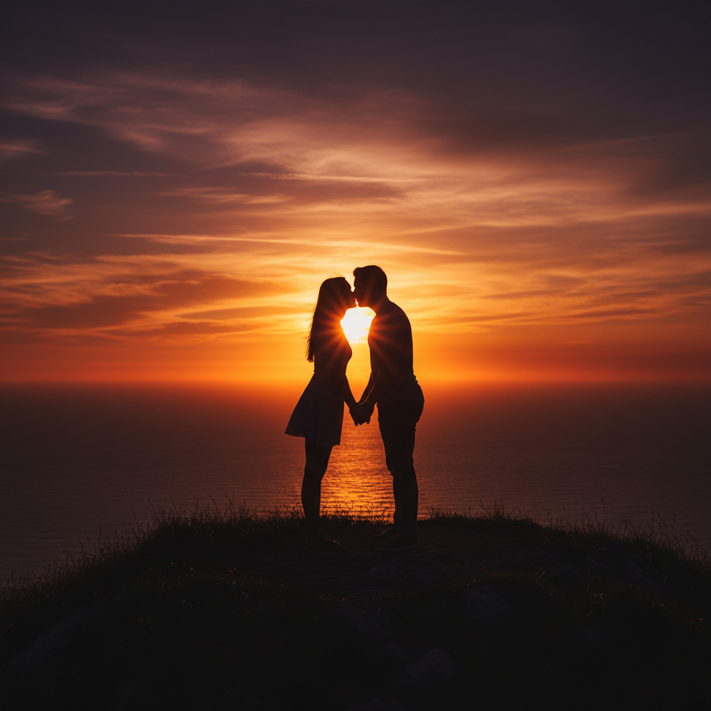 Nose to Nose - Stand very close, noses touching or nearly touching. Eyes closed or looking at each other's lips. Her hands on his neck, his hands cradling her face gently. The moment just before a kiss.