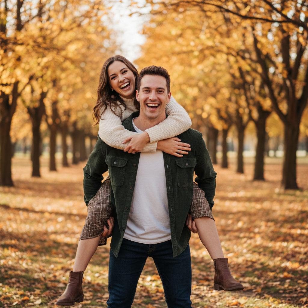 Laughing Walk Away - Walk away from the camera together. She pulls his hand leading the way, looking back over her shoulder laughing. He follows with a big grin. Natural stride, lots of energy and movement.