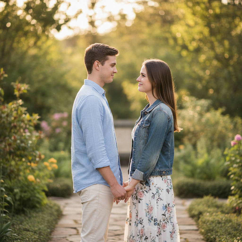 Sitting on Steps - Sit side by side on wide stone or concrete steps. She leans her head on his shoulder, he rests his head gently on top of hers. Hands intertwined in her lap. Relaxed and cozy posture.