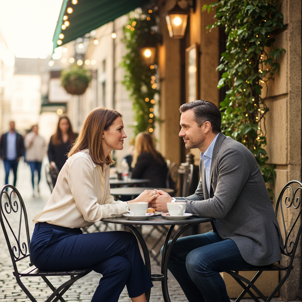 Eyes on Each Other - Stand facing each other at arm's length. Both hold each other's hands down between you. Look directly into each other's eyes with genuine soft smiles. Shoulders relaxed, heads slightly tilted.