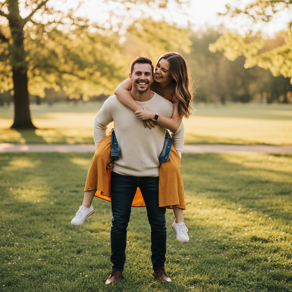 Running Toward Camera - Run toward the camera together holding hands. Big genuine smiles and laughter. Hair and clothes in motion. Slightly staggered with her half a step ahead pulling him along. Full of energy.