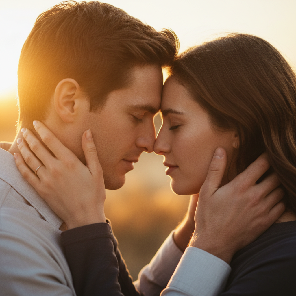 Golden Hour Silhouette - Stand facing each other with the setting sun directly behind you. Hold hands or embrace loosely. The camera exposes for the sky so you become a dramatic silhouette. Can lean in for a kiss.