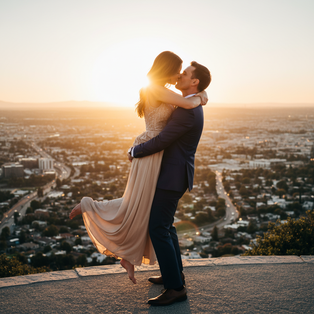 Playful Over the Shoulder - She jumps on his back with her chin resting on his shoulder. Both face the camera with playful expressions. His hands hold her legs, she wraps her arms around his chest. Casual and fun.