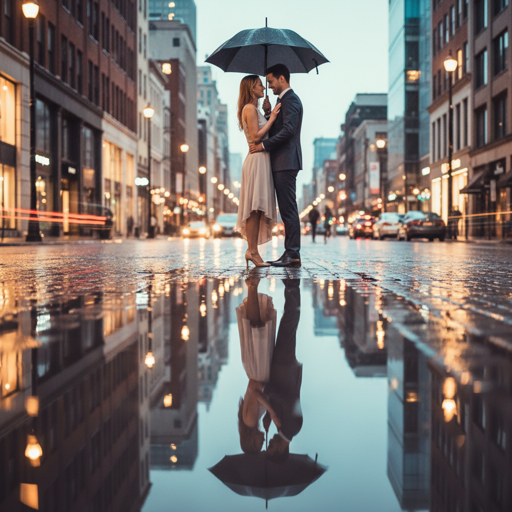 Reflection in Puddle - Stand close together after rain near a puddle. Camera shoots low to capture your reflection in the water below. Hold hands or wrap arms around each other. Umbrellas optional for extra style.