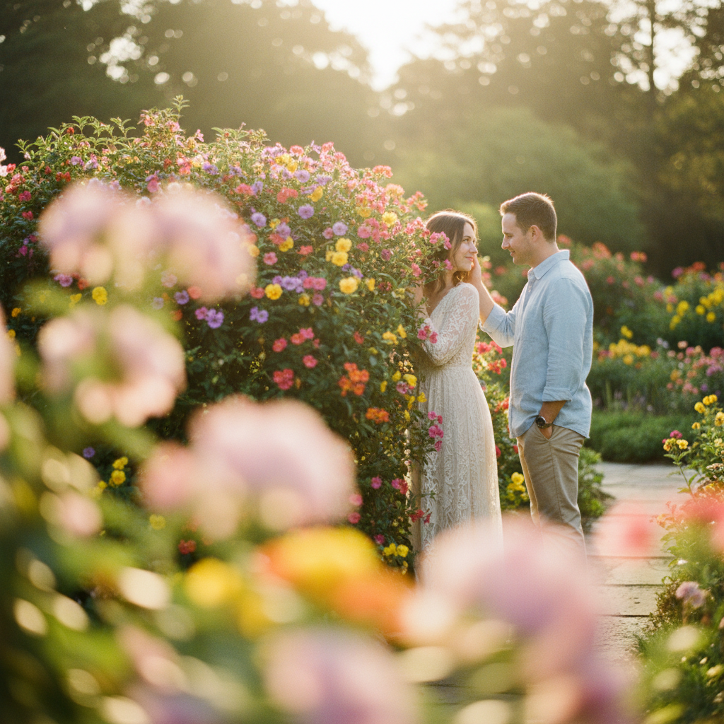 Through the Flowers - She stands slightly behind a bush or flower arrangement, peeking through the blooms at him. He reaches his hand through the flowers toward her face. Dreamy and artistic with natural framing.