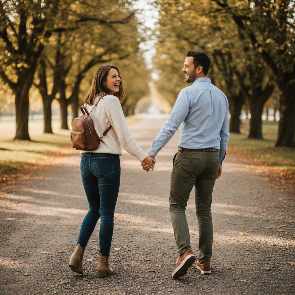 Cozy Couch Cuddle - Sit together on a couch, loveseat, or wide chair. She tucks her legs underneath her and leans into his side. His arm around her shoulders. Her hand rests on his knee. Look at each other or share a laugh.