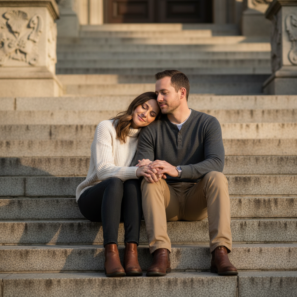 Walking Through an Archway - Walk through a natural or architectural archway together, arms around each other's waists. Camera is positioned at the far end of the archway shooting toward them as they walk through. Natural mid-step.