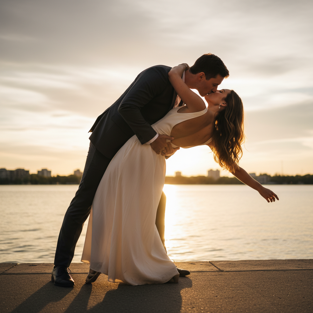 The Dramatic Dip - He dips her back confidently with one arm supporting her lower back. She arches back with one arm reaching up to his neck, other arm extended gracefully. Share a kiss at the lowest point. Strong and romantic.