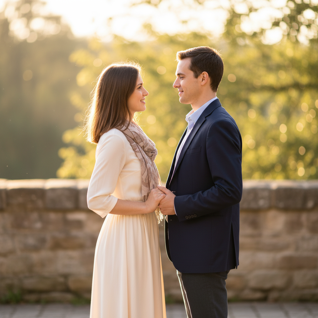 Face to Face Holding Hands - Stand facing each other holding both hands between you at waist level. Look into each other's eyes with soft smiles. Relaxed shoulders, slight head tilts. Classic and clean.