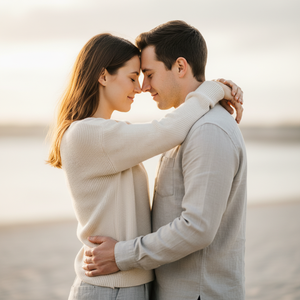 Side Hug Facing Camera - Stand side by side facing the camera. His arm around her shoulders, her arm around his waist. Both look at camera with natural smiles. The most classic couple portrait pose.