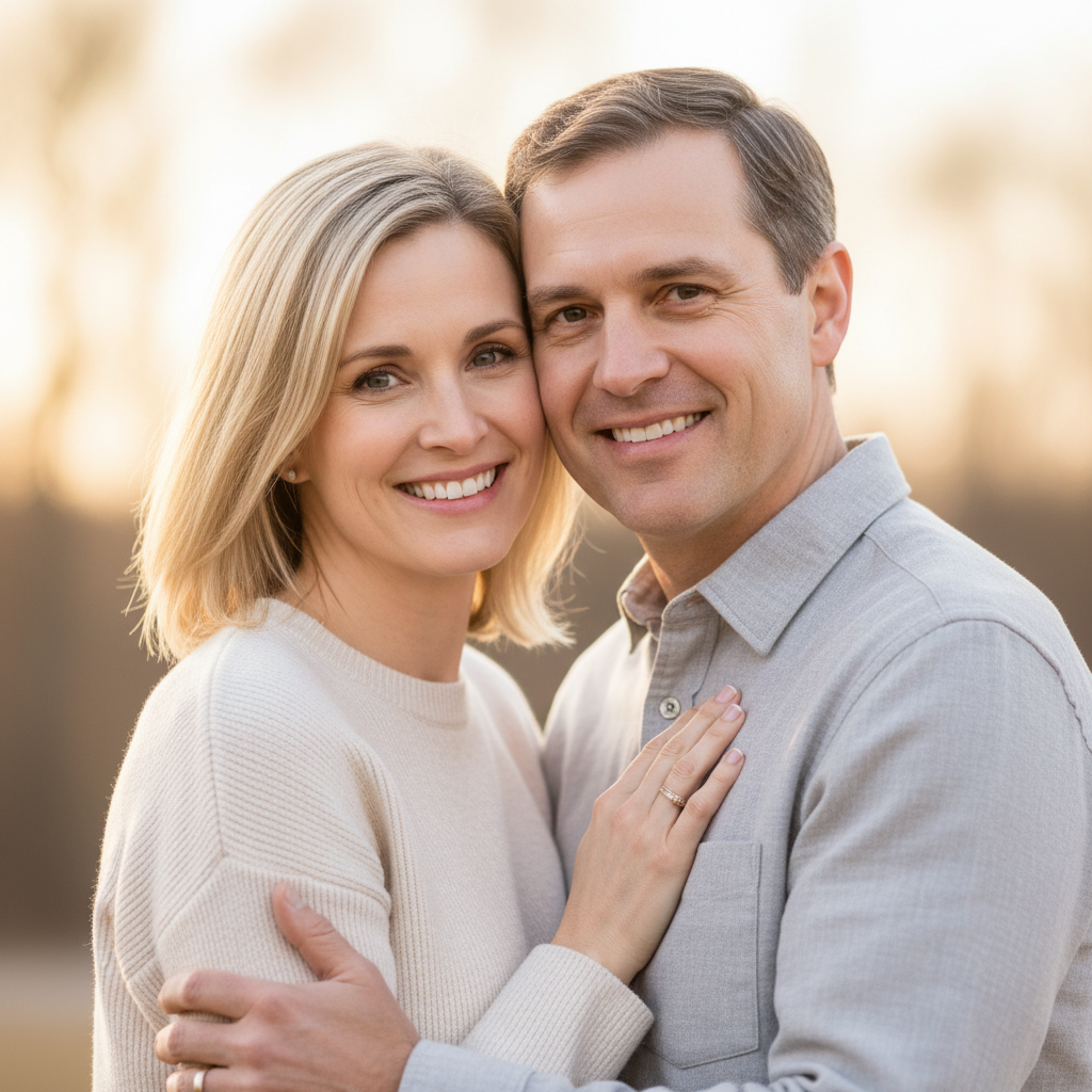 Cheek to Cheek - Press your cheeks together and look at the camera. Both smile genuinely. Her hands on his chest, his hands on her waist. Tight framing from shoulders up. Sweet and timeless.