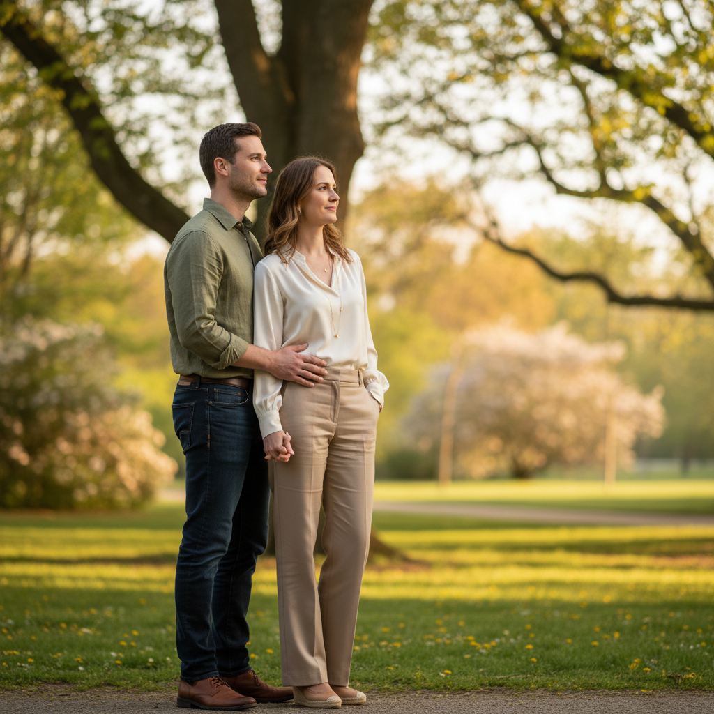 Arm Around Her Waist - He stands slightly behind her with one arm around her waist. She places her hand on his arm. Both face camera at a slight angle. Natural and effortless traditional pose.