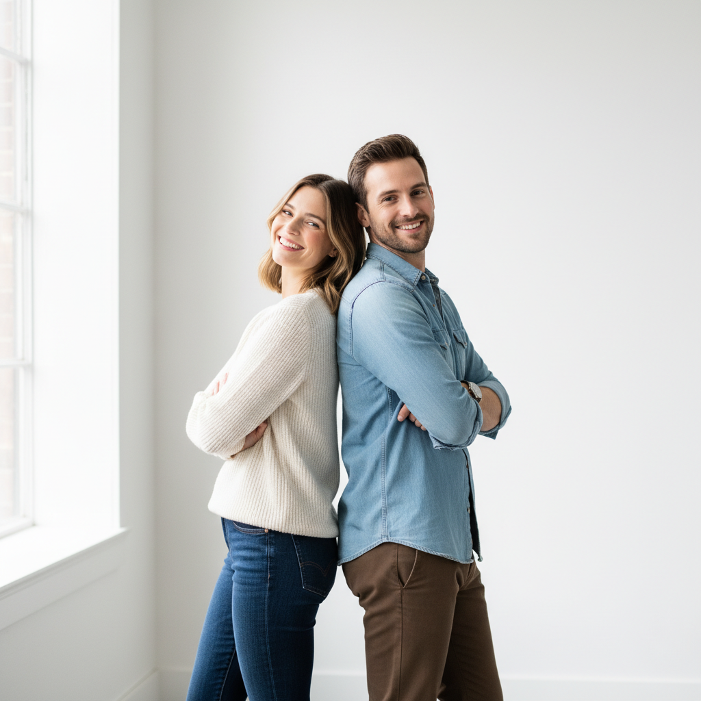 Back to Back Lean - Stand back to back and lean into each other. Arms crossed or hands in pockets. Both turn heads toward camera with confident playful smiles. Fun, stylish, and easy.