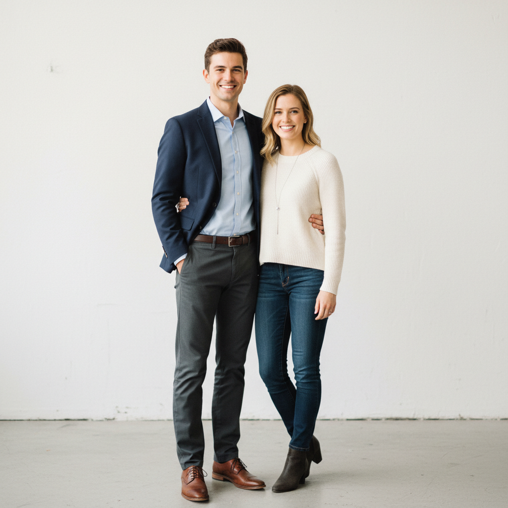 Hand on His Chest - She places one hand flat on his chest while he holds her other hand. She looks up at him, he looks down at her. Angled 45 degrees to camera. Elegant and romantic.