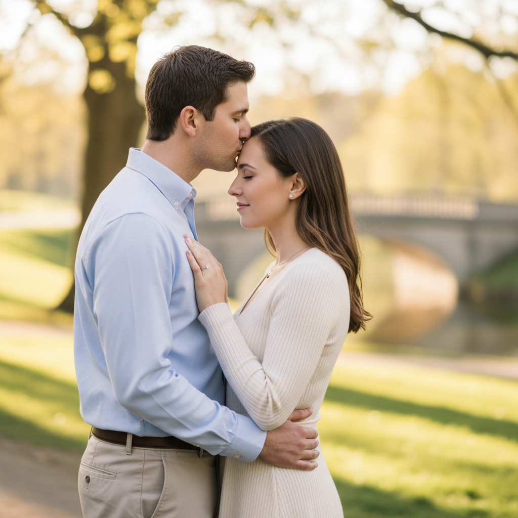 Standing Forehead Kiss - He gently kisses her forehead. She closes her eyes and smiles softly with hands on his chest. He wraps one arm around her. Tender and universally flattering.