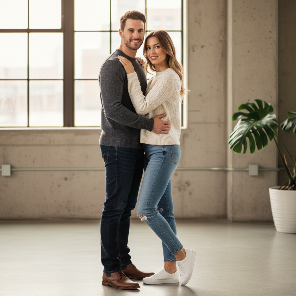 Pull Close at the Hip - He pulls her close by the hip with one hand. She rests her arm on his shoulder. Both face camera with confident relaxed smiles. Bodies angled toward each other, faces toward camera.