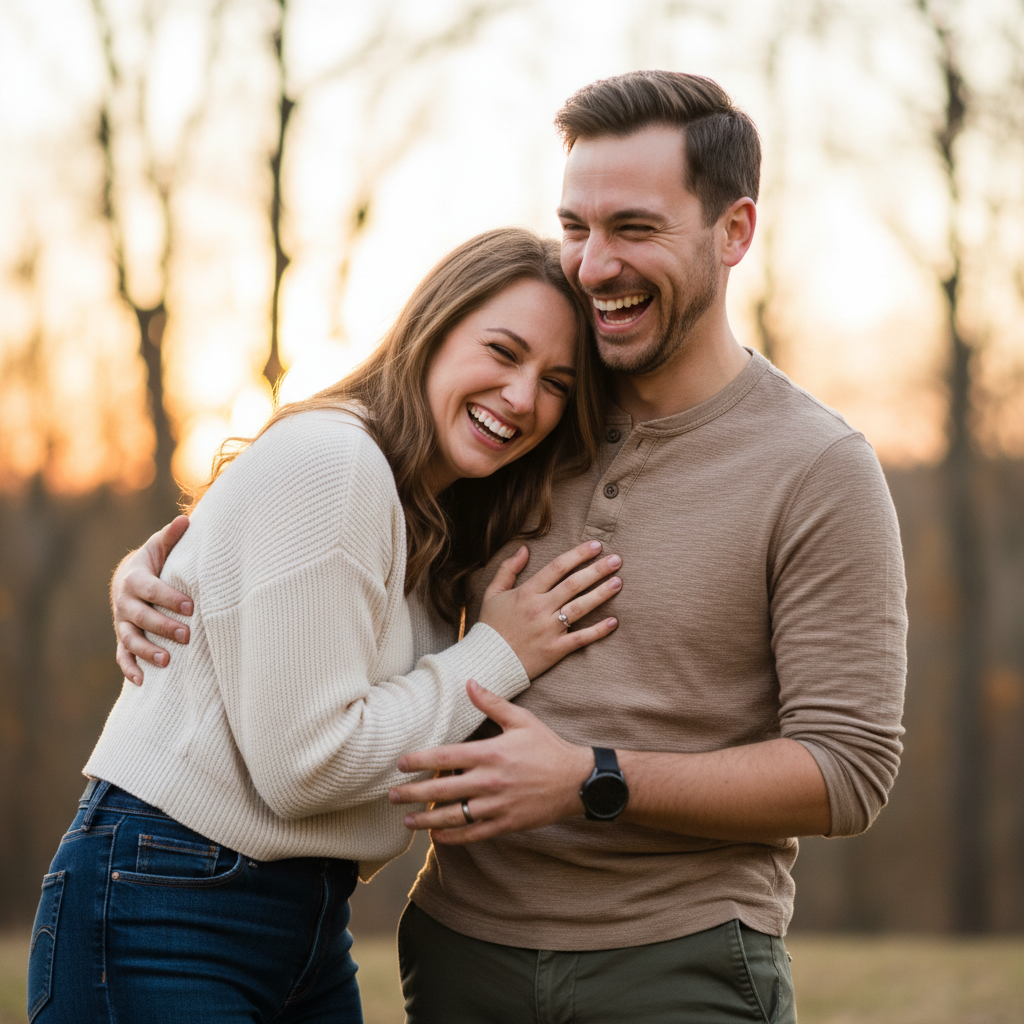 Laughing Together - Stand close together and genuinely laugh. She leans into him, he wraps an arm around her. Not posed laughter — tell a joke or say something funny. The most natural and joyful portrait.