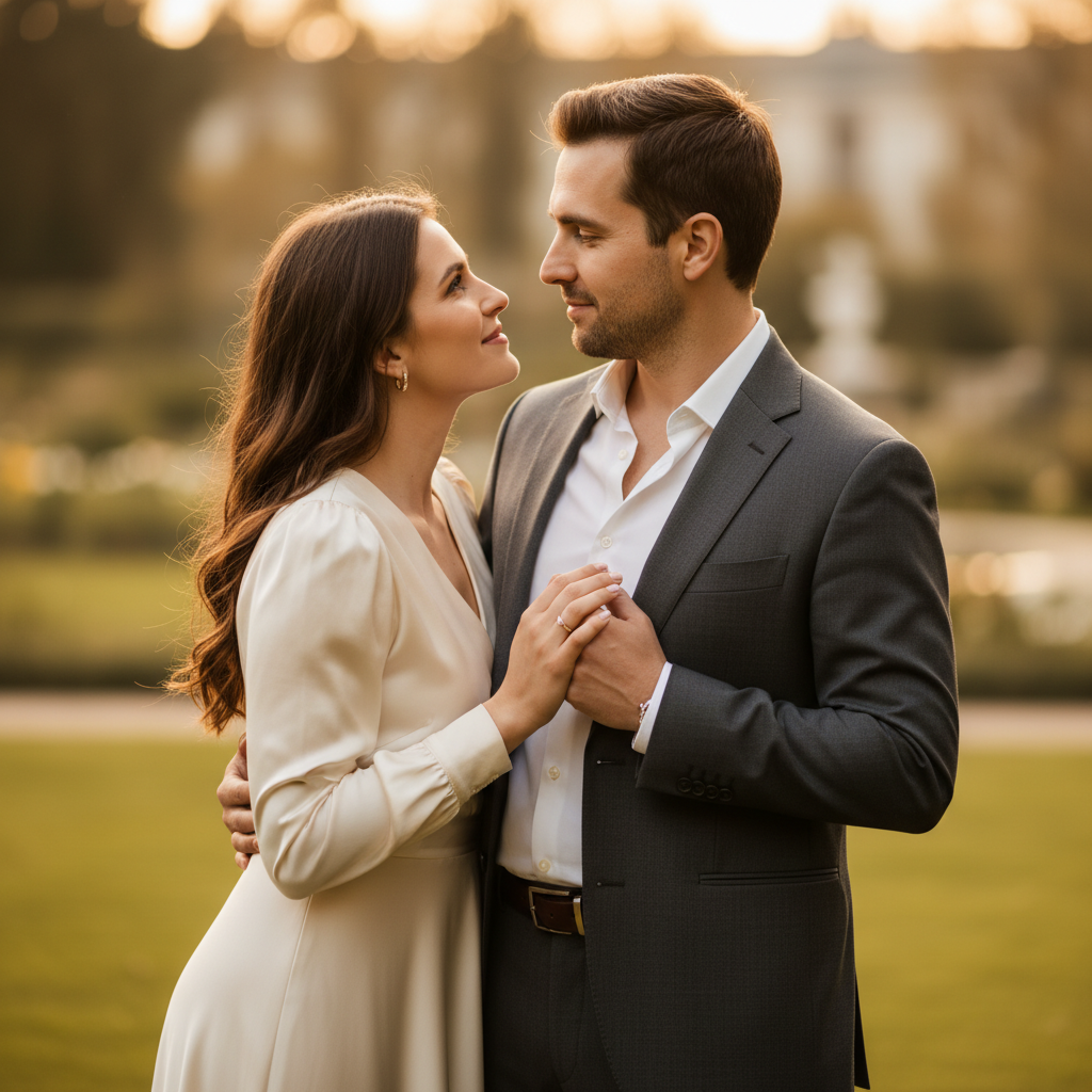 Temple to Temple - Stand close with temples touching gently. Both close eyes and smile peacefully. Her arms around his neck loosely, his hands on her waist. Serene and intimate standing pose.