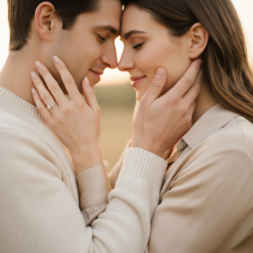 Arms Intertwined Walk - She loops her arm through his as if walking together. Both face camera. Free hands relaxed at sides. Classic elegant promenade pose that works in any location.