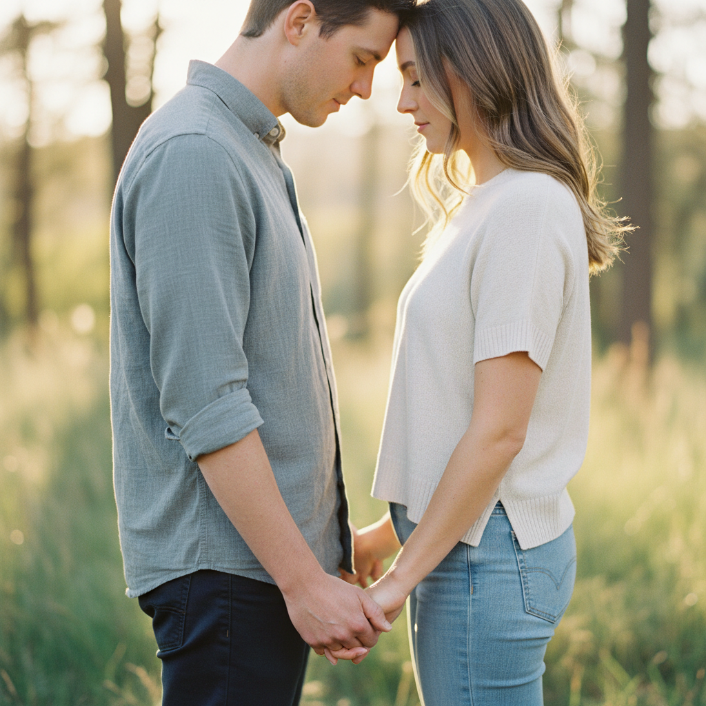 Embrace from Behind - He wraps both arms around her from behind, hands resting on her stomach. She holds his forearms and leans back into him. Both look at camera or she looks down smiling. Warm and protective.