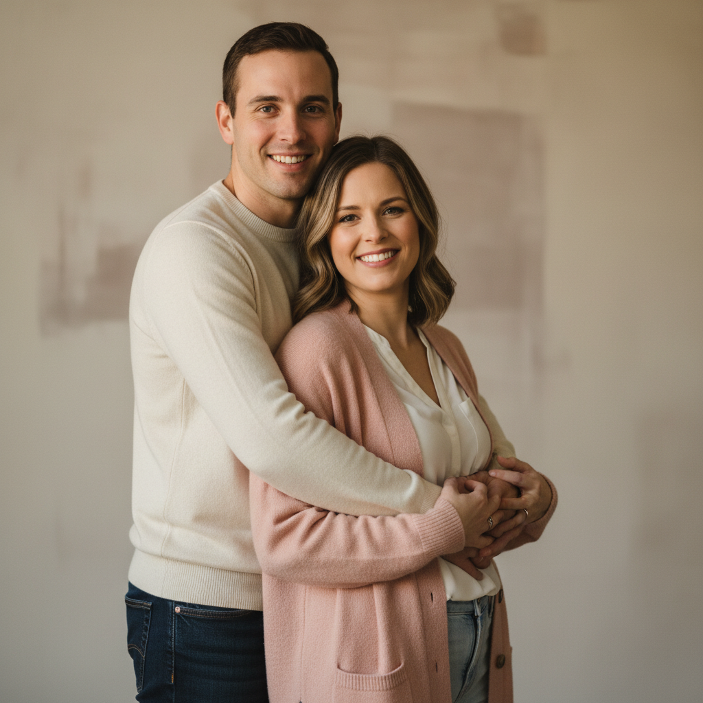 Double Hand Hold - Face each other holding both hands. Arms down naturally between you. Stand close with foreheads nearly touching. Look down at your hands or at each other. Simple and connected.