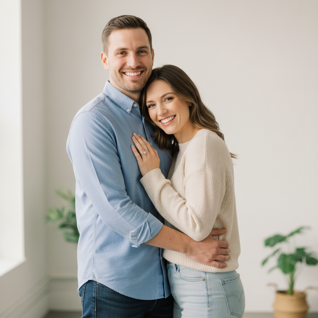 One-Arm Side Squeeze - He pulls her tight with one arm around her waist. She leans into him. Both face camera with big genuine smiles. Her hand on his chest. The go-to easy couple portrait.