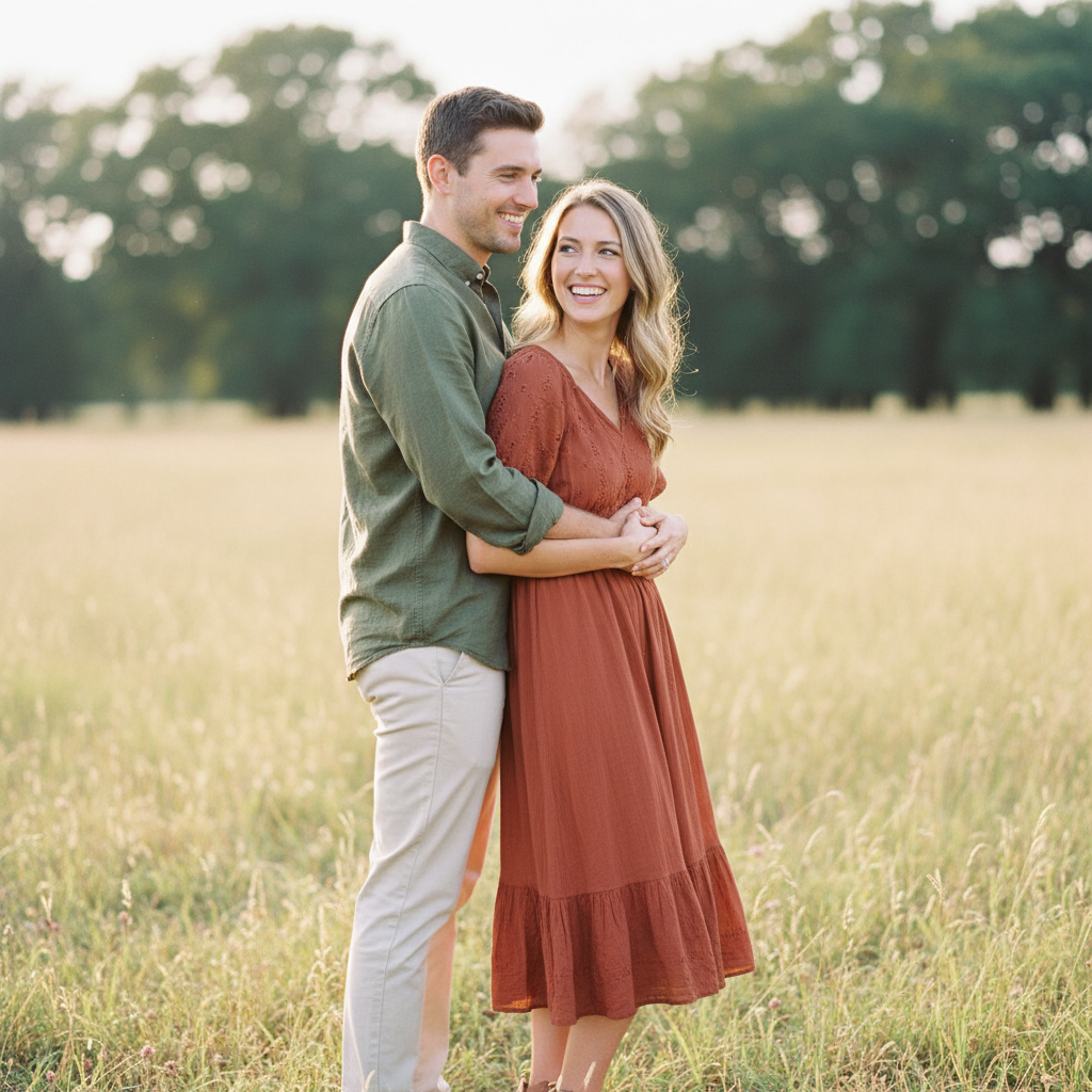 Both Looking Away - Stand close together both looking in the same direction away from camera. His arm around her, she holds his hand. Creates a candid editorial feel. As if looking at their future together.