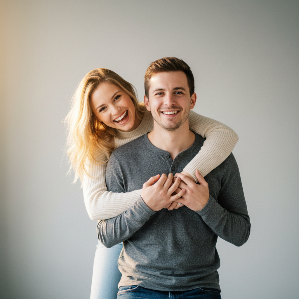 Peek from Behind - She stands behind him and peeks around his shoulder with a playful smile. Her arms wrap around him from behind. He smiles at camera. Fun reversal of the classic embrace.