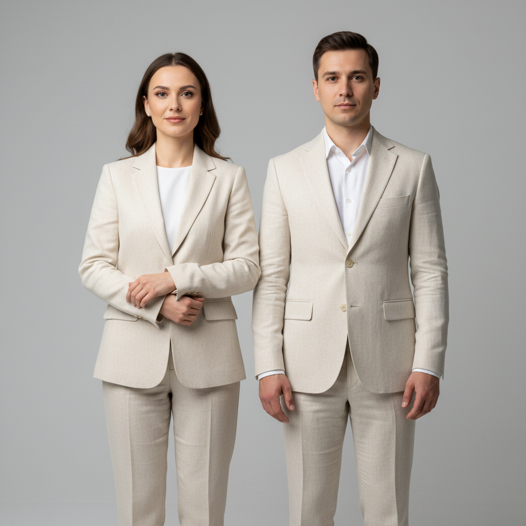 Symmetrical Portrait - Stand directly facing camera in a symmetrical composition. Bodies angled slightly toward each other, faces to camera. Matching arm positions. Clean, balanced, editorial.