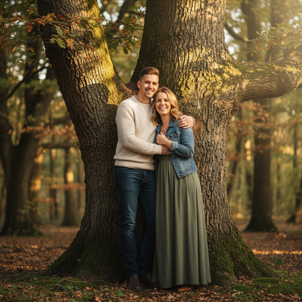 Oak Tree Embrace - Couple leans against a large oak tree together. His arm around her, both looking at camera or each other. Dappled light through leaves. Natural and romantic forest setting.