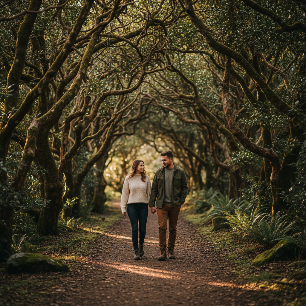Forest Path Hand in Hand - Couple walks hand in hand down a winding forest trail. Trees arching overhead. Shot from behind or ahead. Symbolizes their journey together through nature.
