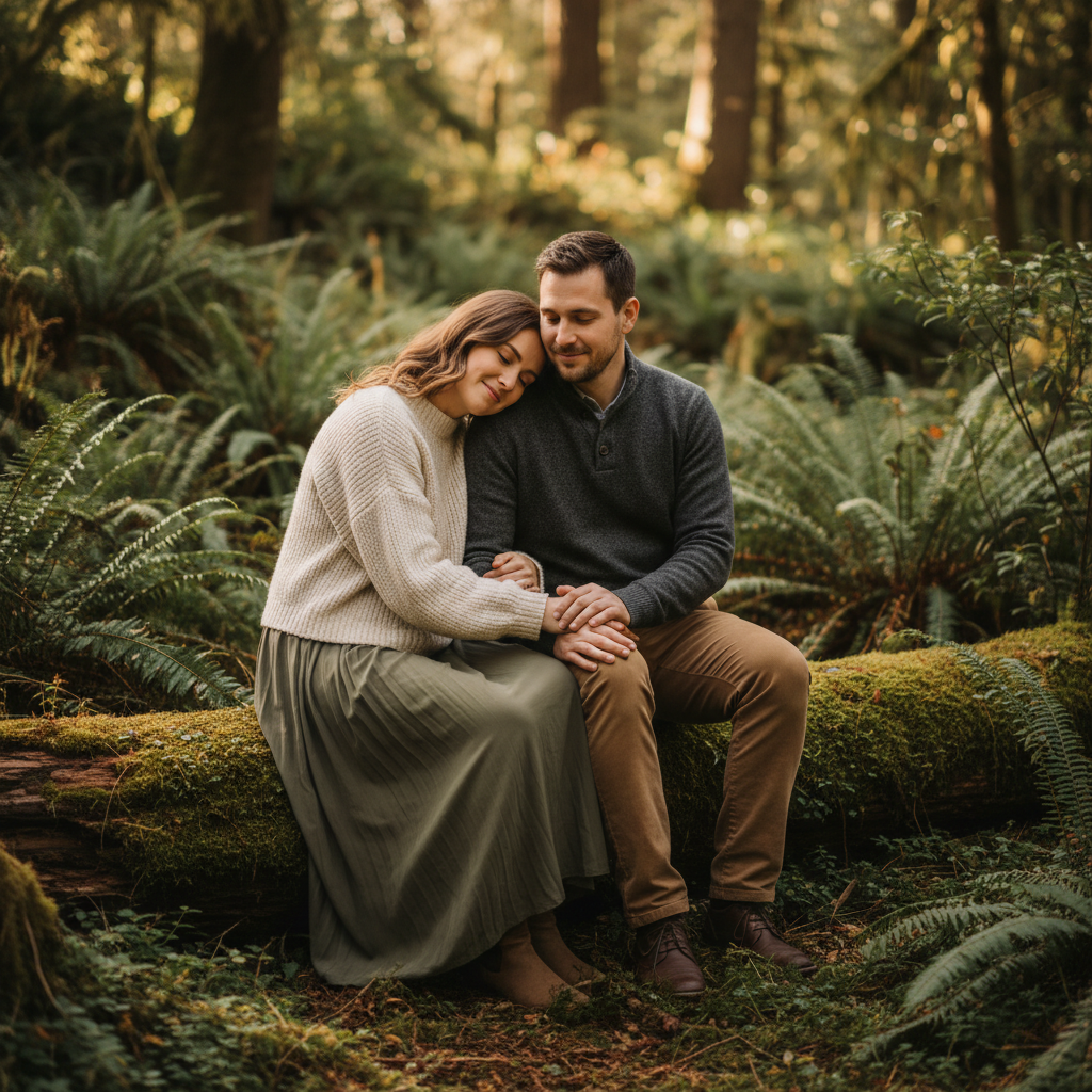 Sitting on Forest Log - Couple sits close together on a mossy fallen log. She leans into him. Ferns and forest greenery surround them. Cozy intimate moment in nature.
