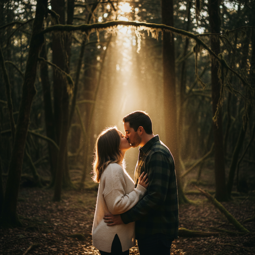 Kiss in the Sunbeam - Couple shares a kiss standing in a shaft of sunlight breaking through the forest canopy. Surrounding darkness makes them glow. Magical natural lighting.