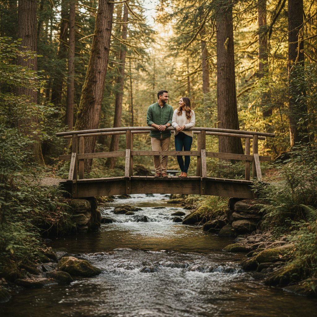 Creek Bridge Lean - Couple leans on the railing of a small wooden bridge over a forest creek. Side by side looking at each other. Water and trees visible below and around them.