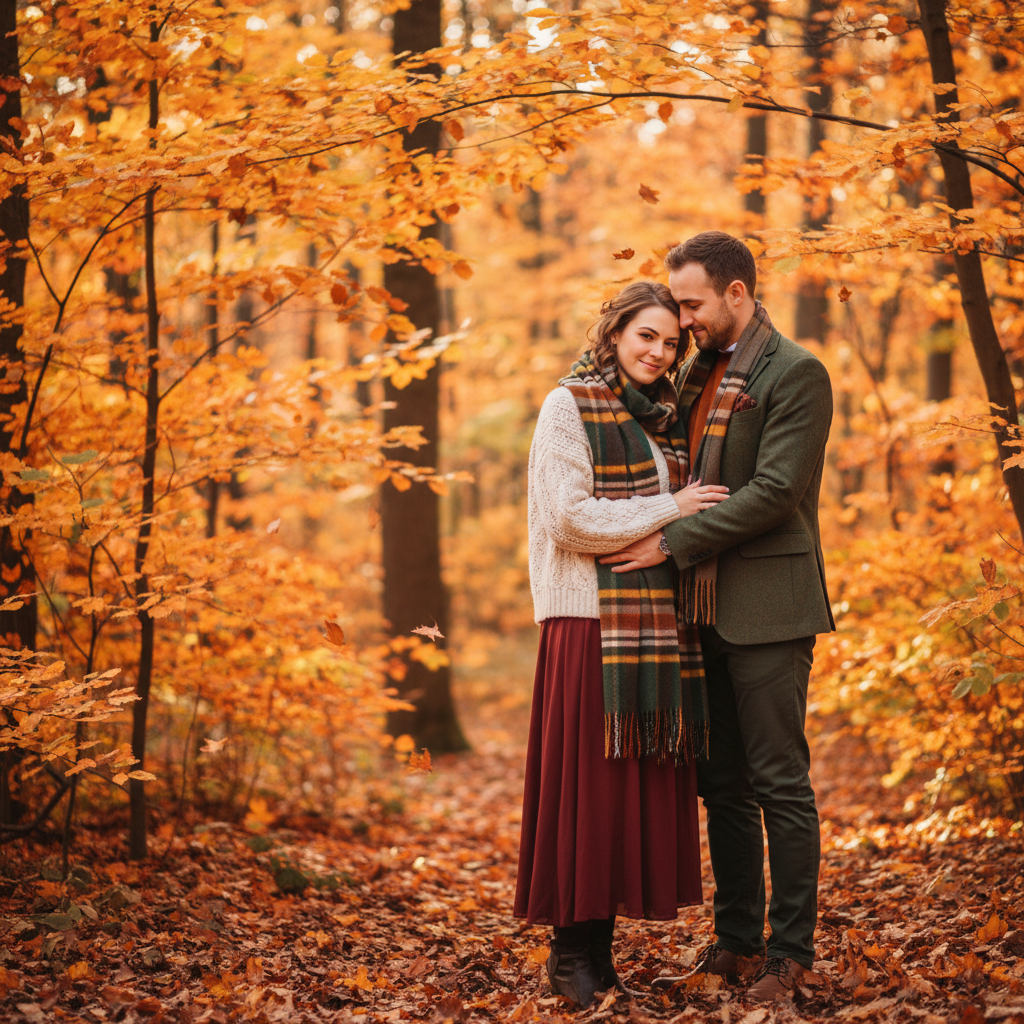 Autumn Forest Embrace - Couple embraces in a forest with autumn colors. Warm orange and red leaves surrounding them and on the ground. He holds her close from behind. Warm and romantic.