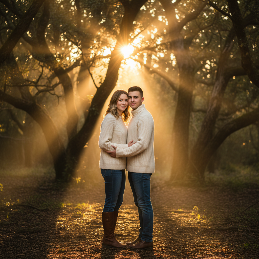 Golden Hour Forest Glow - Couple stands together with golden sunset streaming through trees behind them. Rim lighting on hair and shoulders. Facing camera with warm glowing light. Magical atmosphere.