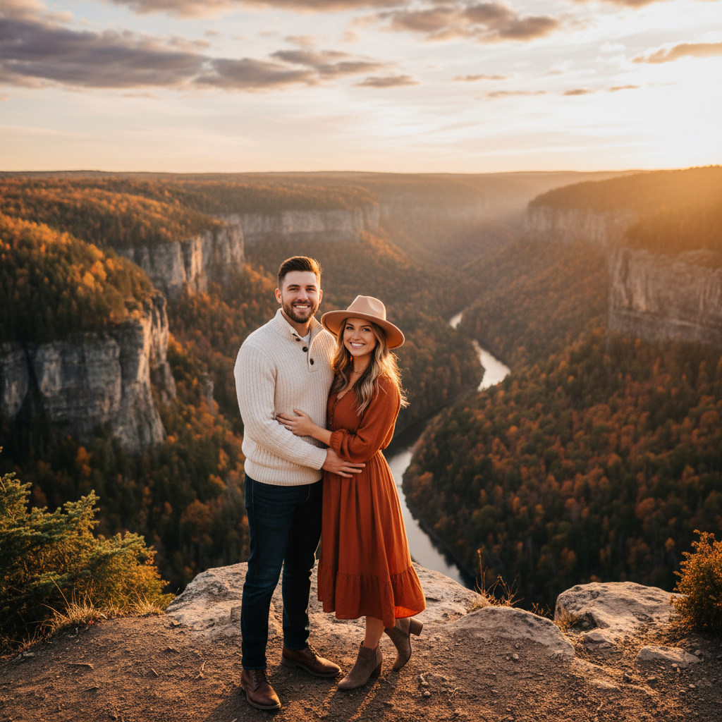 Canyon Overlook Together - Couple stands at a canyon overlook in the forest. Valley and trees stretching out behind them. His arm around her as they face camera with the dramatic view behind.