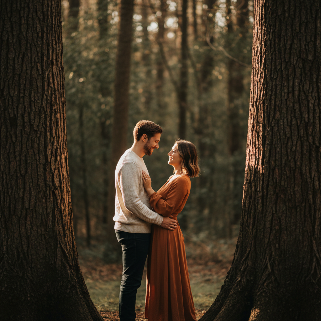 Tree-Framed Portrait - Couple stands close together framed by two large tree trunks on either side. Natural frame created by the trees. Forest depth visible behind them. Clean and romantic.